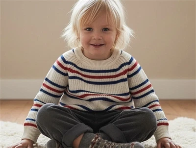 FUB ecru/pond blue/red raglan strikbluse merinould