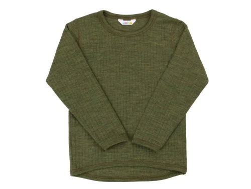 Joha uldbluse i mørk oliven merinould med lange ærmer  