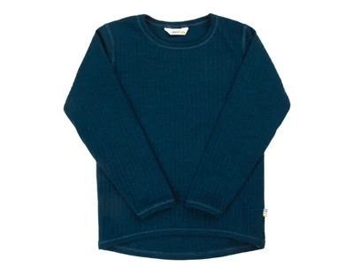 Joha uldbluse i mørk turkis merinould med lange ærmer  