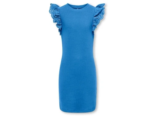 kids only kjole i blå med broderie anglaise flæser, set forfra