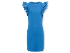 kids only kjole i blå med broderie anglaise flæser, set forfra