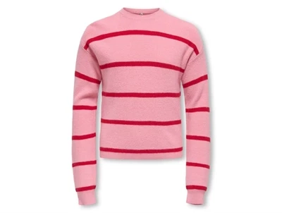 Kids ONLY striktrøje i sea pink med smalle røde striber forfra