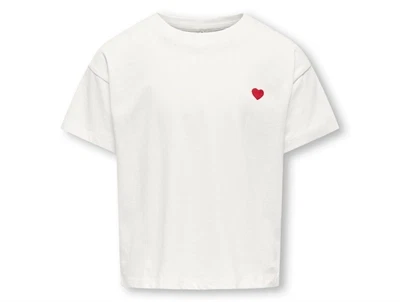 Kids ONLY hvid t-shirt cloud dancer med rødt hjertebroderi forfra