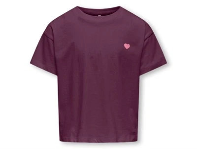 Kids ONLY t-shirt i mauve wine med lyserødt hjertebroderi forfra