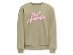 sweatshirt i støvet grøn fra kids only med lyserødt tekstprint next generation, set forfra