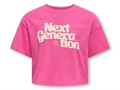 t-shirt i pink fra kids only med teksten next generation i hvidt gummiprint, set forfra
