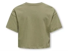 bagside af støvet grøn t-shirt fra kids only med korte ærmer og rund hals