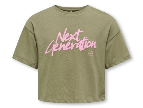t-shirt i støvet grøn fra kids only med lyserødt tekstprint next generation på brystet