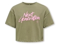 t-shirt i støvet grøn fra kids only med lyserødt tekstprint next generation på brystet
