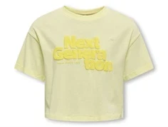 gul t-shirt fra kids only med teksten next generation i tone-i-tone print, set forfra