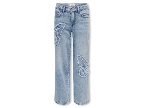 jeans fra Kids ONLY i lyseblå denim med sommerfuglebroderi, set forfra