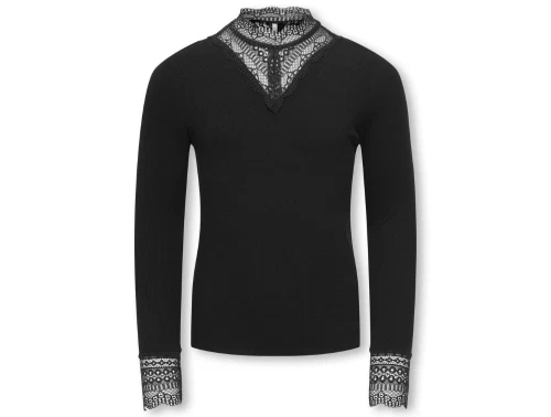 KIDS ONLY sort bluse med blondekrave og blondedetaljer foran