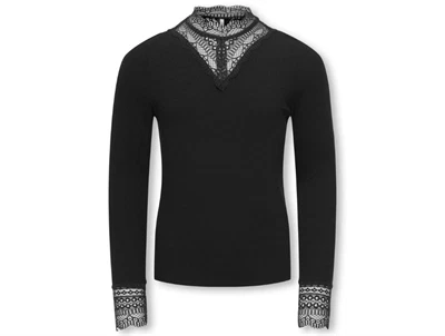 KIDS ONLY sort bluse med blondekrave og blondedetaljer foran