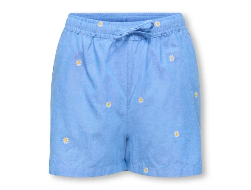 Kids ONLY shorts i blå med broderede blomster og elastik i taljen set forfra