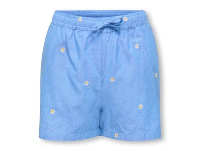 Kids ONLY shorts i blå med broderede blomster og elastik i taljen set forfra