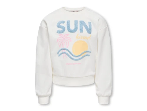 Kids ONLY sweatshirt i råhvid med farverigt print og tekst set forfra