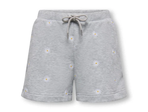 Kids ONLY sweatshorts i grå med broderede blomster og snøre set forfra