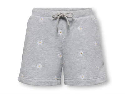Kids ONLY sweatshorts i grå med broderede blomster og snøre set forfra