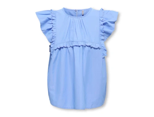 Kids ONLY top i blå med flæser ved skuldre set forfra