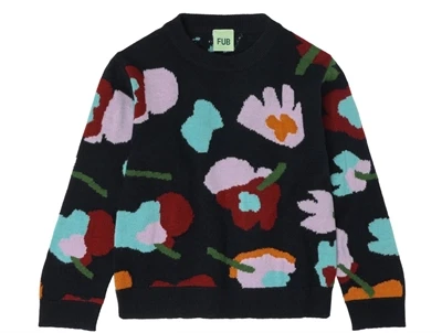 FUB sweater jacquard dark navy med blomster i merinould