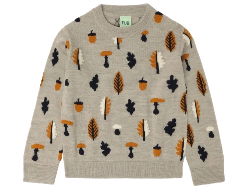 Jacquard sweater i oat melange med efterårsmønster fra FUB i merinould