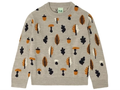 Jacquard sweater i oat melange med efterårsmønster fra FUB i merinould