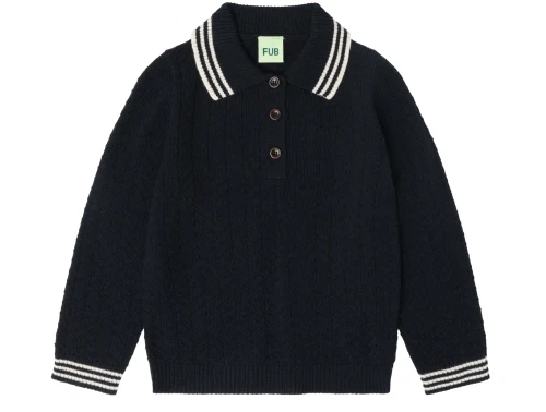 Zigzag polo i dark navy med striber fra FUB i merinould