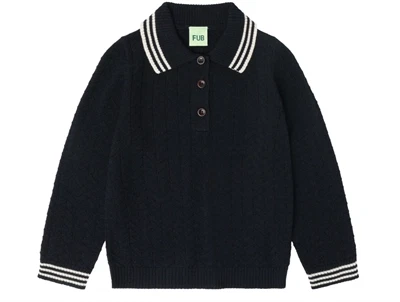 Zigzag polo i dark navy med striber fra FUB i merinould