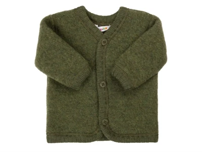 Joha cardigan i mørk oliven børstet merinould med knapper foran  