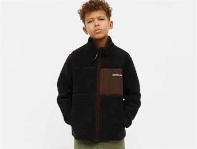 Mads Nørgaard fleecejakke i sort med brun brystlomme på barn