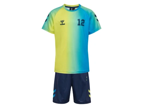 Hummel sportssæt i lime og blå gradient set forfra