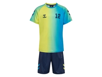 Hummel sportssæt i lime og blå gradient set forfra