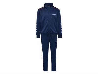 Hummel traeningssaet i moerkeblaa med roed piping set forfra