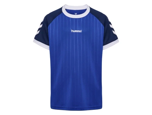 Hummel t-shirt i blaa med stribedetaljer set forfra