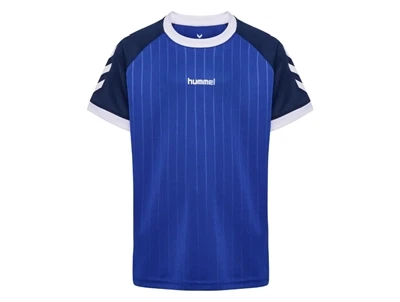 Hummel t-shirt i blaa med stribedetaljer set forfra