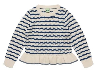 FUB pointelle bluse i ecru og deep indigo med striber
