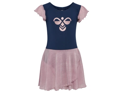 Hummel kjole i moerkeblaa med glimmeraermer set forfra