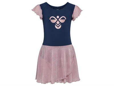 Hummel kjole i moerkeblaa med glimmeraermer set forfra