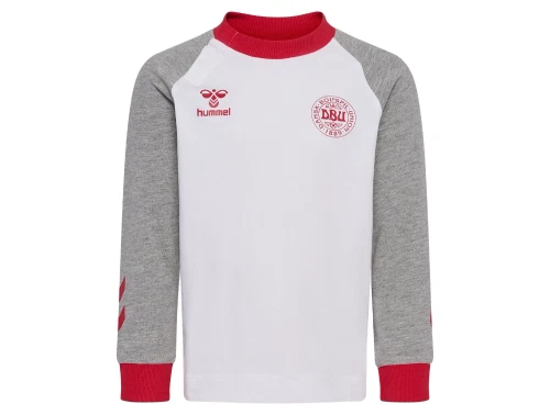 hummel bluse hvid med DBU logo og graa aermer