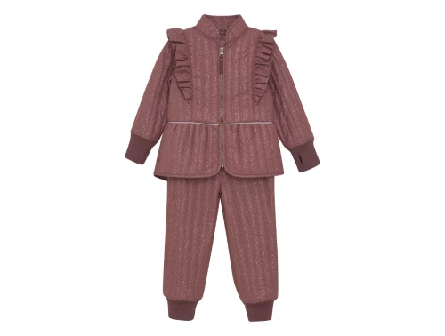 En Fant termosæt i rose taupe med glimmer og flæser forfra