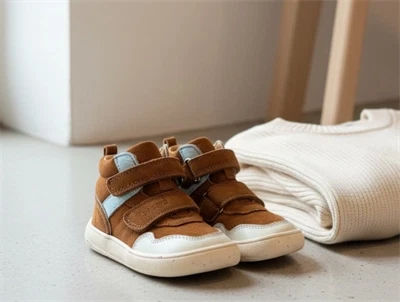 Bisgaard Becky barfodssneaker i brun nuance med lyse kontrastdetaljer og velcro