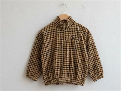 Mini Rodini beige dog houndstooth velour halfzip sweatshirt