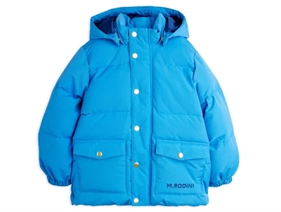 Mini Rodini blå pufferjakke set forfra med hætte