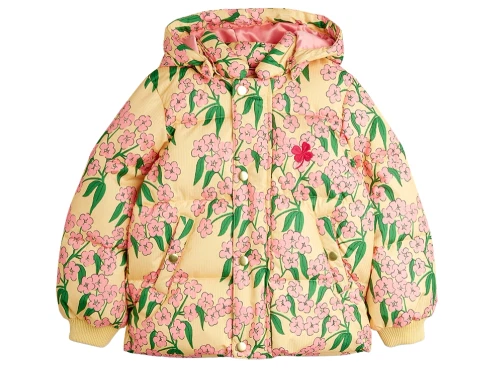Mini Rodini pufferjakke i gul med blomsterprint set forfra