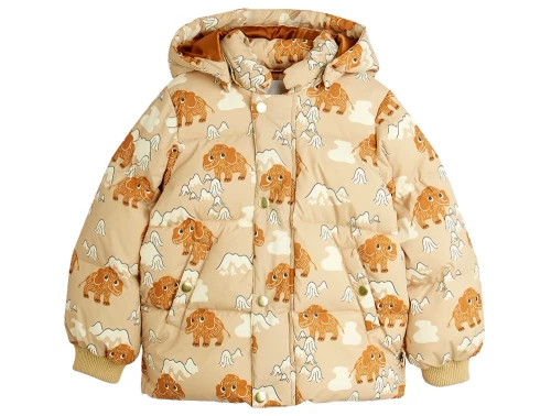 pufferjakke fra Mini Rodini med mammut-print og aftagelig hætte