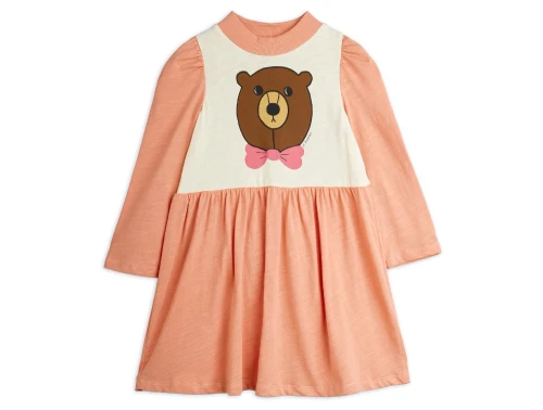 Mini Rodini kjole fersken med stort bjørneprint og lange ærmer