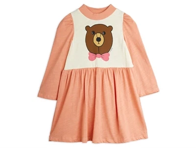 Mini Rodini kjole fersken med stort bjørneprint og lange ærmer