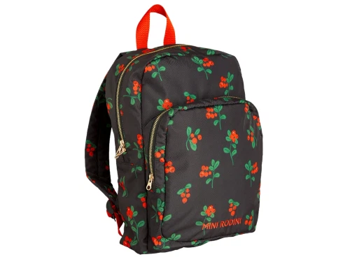 Rygsæk fra Mini Rodini i sort med tyttebærprint og rødt håndtag