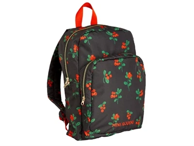 Rygsæk fra Mini Rodini i sort med tyttebærprint og rødt håndtag