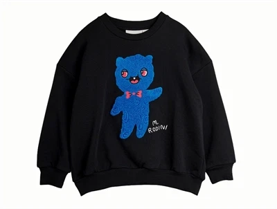 Mini Rodini sweatshirt i sort med alien chenillemotiv set forfra
